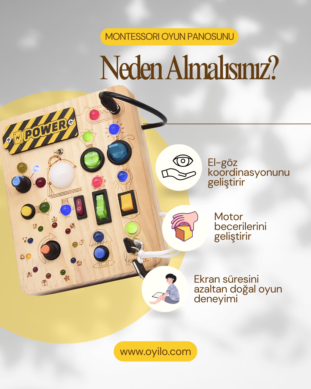 OYİLO® Zeka & Motor Becerileri Geliştirici Oyuncak Pano (LED Işıklı)