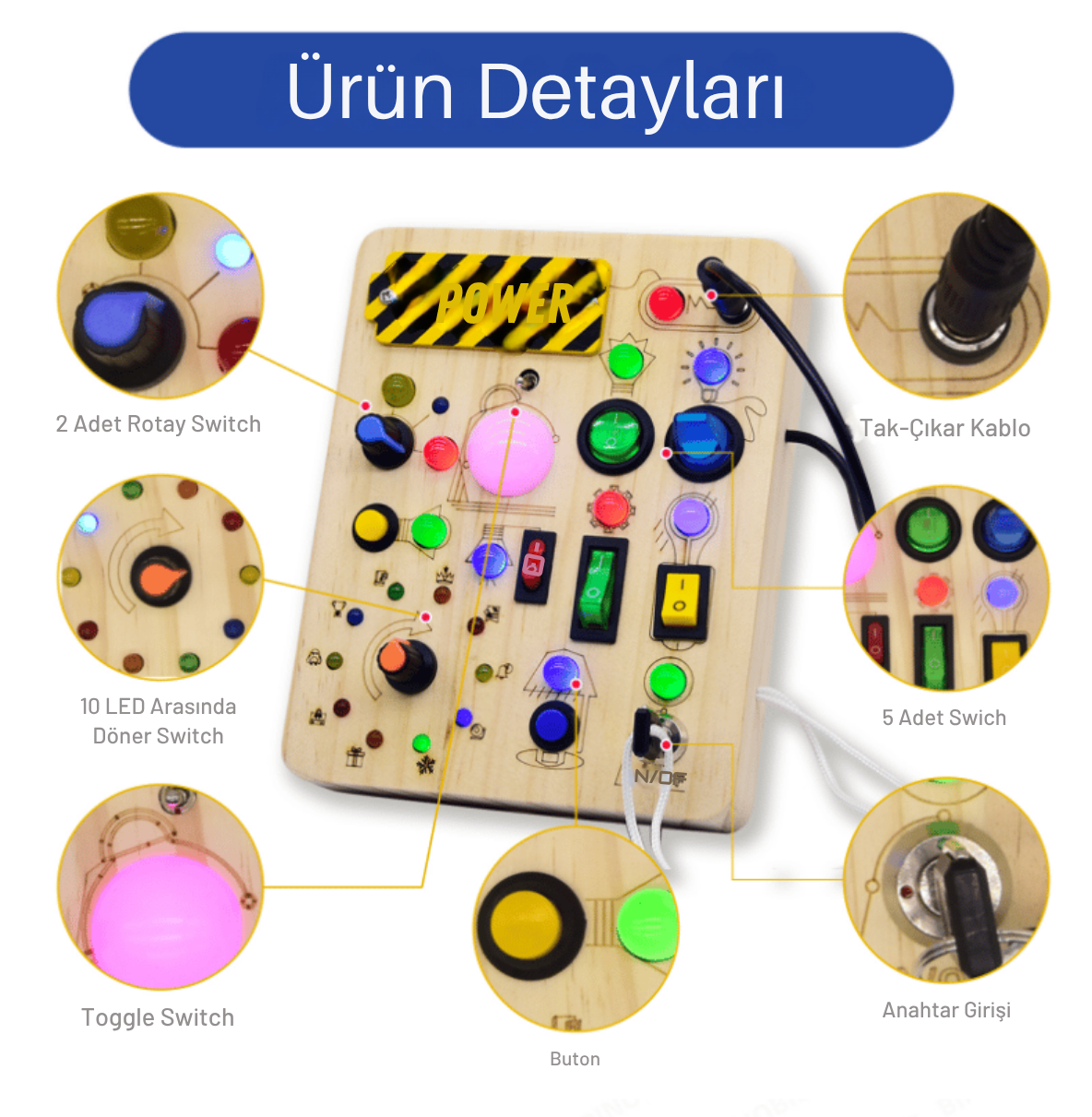 OYİLO® Zeka & Motor Becerileri Geliştirici Oyuncak Pano (LED Işıklı)